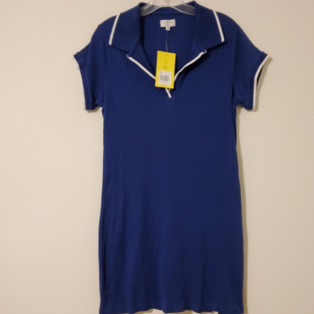 Blue Short Sleeve Polo Dress with White Trim Size M